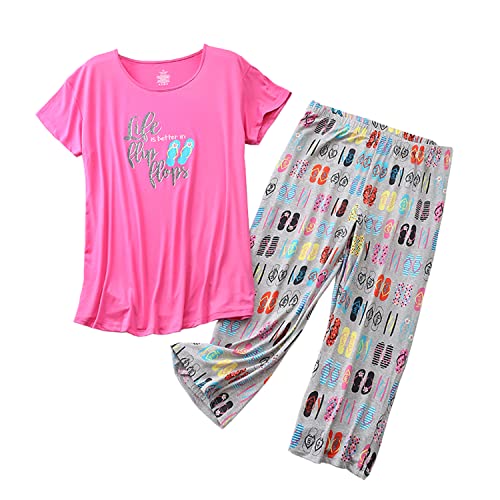 Inadays Nachtwäsche Damen Kurzarm Pyjama Set Bedruckter Pyjama für Damen Capri-Set Nachtwäsche, Pantoffel, XL von Inadays