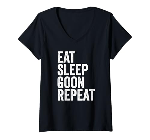 Damen Eat Sleep Goon Wiederhole Gooning T-Shirt mit V-Ausschnitt von Inappropriate Humor Co.
