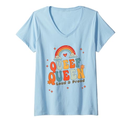 Damen Lustige Queef Queen Cat Unangemessene schmutzige Witze für Erwachsene T-Shirt mit V-Ausschnitt Damen Lustige Queef Queen Cat Unangemessene schmutzige Witze für Erwachsene T-Shirt mit V-Ausschnitt von Inappropriate Proud Queen Rainbow Adult Humor Gag