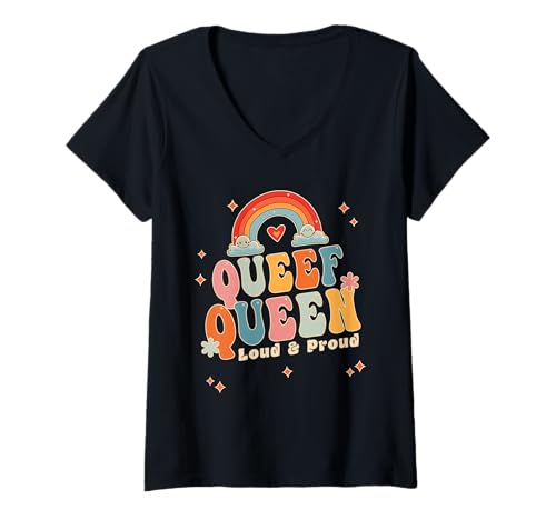 Damen Lustige Queef Queen Cat Unangemessene schmutzige Witze für Erwachsene T-Shirt mit V-Ausschnitt Damen Lustige Queef Queen Cat Unangemessene schmutzige Witze für Erwachsene T-Shirt mit V-Ausschnitt von Inappropriate Proud Queen Rainbow Adult Humor Gag