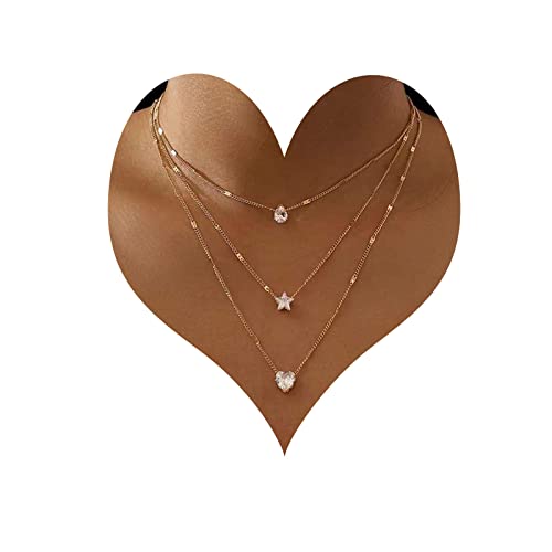 Geschichtetes Kristall Choker Halskette Kubischer Zirkonia Herz Stern Anhänger Halskette Vergoldet Mehrlagige Kette Diamant Träne Charme Halskette Hochzeit Brautjungfer Schmuck Für Frauen Mädchen von Inateannal