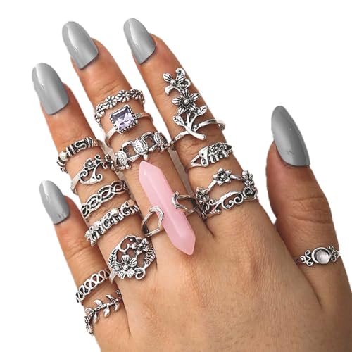 Inateannal 15pcs Chakra Kristall Knöchel Ring Set Vintage Edelstein Blume Muster Stapelbar Gemeinsame Ringe Böhmischen Index Gemeinsame Finger Ring Set Schmuck Für Frauen Teenager-Mädchen von Inateannal