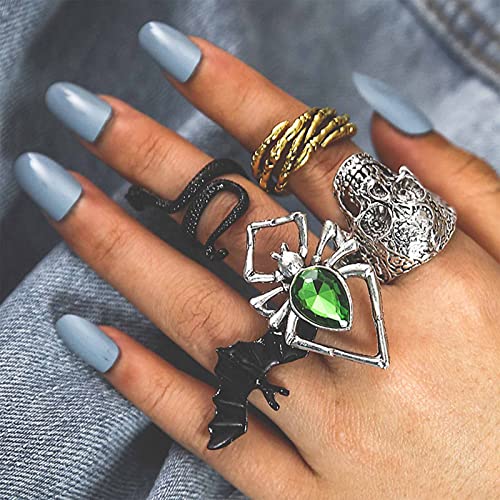 Inateannal 5pcs Halloween Knuckle Ring Set Gothic Schädel Schlange Fledermaus Anweisung Offene Ringe Persönlichkeit Stapelbar Midi Smaragd Spinne Halo Finger Ringe Schmuck Für Frauen Männer von Inateannal
