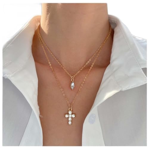 Inateannal Boho Geschichteten Kreuz Choker Halskette Strass Kreuz Anhänger Halskette Kristall Kreuz Halskette Gold Cz Kruzifix Religiöse Halskette Kette Schmuck Für Frauen Und Mädchen von Inateannal