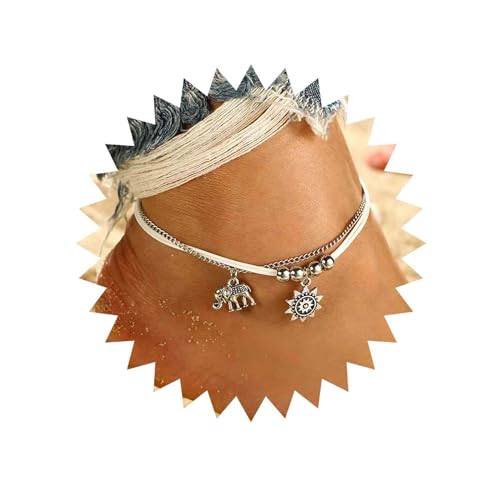 Inateannal Boho Geschichteten Seil Fußkettchen Elefant Sonne Charme Knöchel Armband Quadrat Perle Knöchel Kette Sommer Strand Fuß Schmuck Für Frauen Und Mädchen von Inateannal