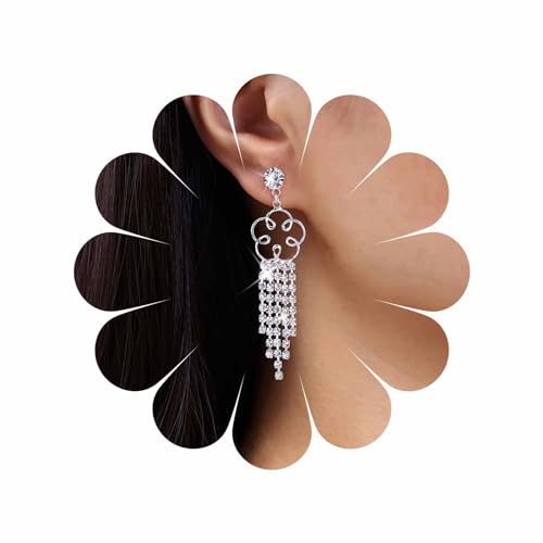 Inateannal Boho Kronleuchter Baumeln Ohrringe Strass Blume Quaste Ohrringe Lange Kristall Kette Tropfen Ohrringe Silber Hohle Blume Ohrstecker Cz Hochzeit Ohrringe Schmuck Für Frauen Und Mädchen von Inateannal