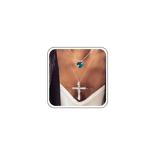 Inateannal Boho Kubischer Zirkonia Kreuz Halskette Saphir Herz Anhänger Halskette Silber Geschichtet Choker Halskette Kette Vintage Strass Kreuz Halskette Schmuck Für Frauen Und Mädchen von Inateannal