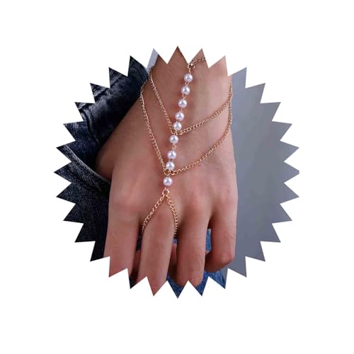 Inateannal Boho Layered Finger Ring Armband Gold Perle Hand Kette Harness Armband Perlenkette Quaste Sklaven Armbänder Perle Finger Kette Armband Schmuck Für Frauen Und Mädchen von Inateannal