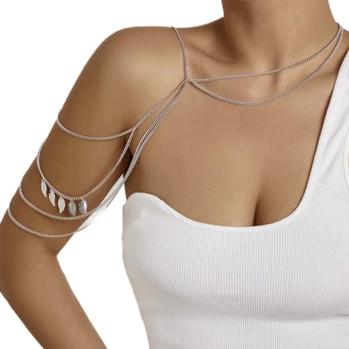 Inateannal Boho Mehrlagige Körperkette Silber Blatt Fransen Schulterkette Halskette Geschichtet Quaste Shoudler Geschirr Sexy BH Kette Aussage Schulterkette Ethnischen Stil Schmuck Für Frauen von Inateannal