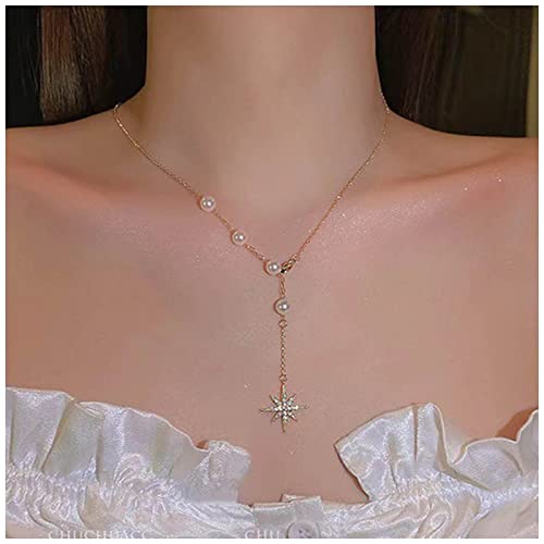 Inateannal Boho Perle Y Lariat Halskette Gold Northstar Stern Anhänger Halskette +cz Stern Lariat Y Drop Halskette Perle Choker Halskette Kettenschmuck Für Frauen Und Mädchen von Inateannal