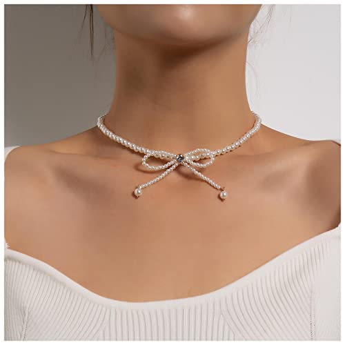 Inateannal Boho Perlen Choker Halskette Goldbogen Perlenkette Halskette Vintage Weiße Perlen Perlen Halskette Hochzeit Perle Kristall Bogen Halskette Schmuck Für Frauen Und Mädchen von Inateannal