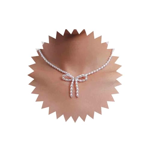 Inateannal Boho Perlen Choker Halskette Perlenbogen Anhänger Halskette Weiße Perlenkette Halskette Silber Kurze Perlenkette Hochzeit Perlenkette Schmuck Für Frauen Und Mädchen von Inateannal