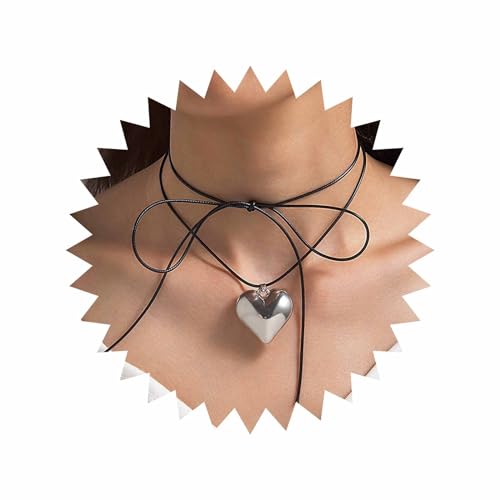 Inateannal Boho Puffy Herz Choker Halskette Chunky Herz Anhänger Halskette Schwarz Samt Kette Herz Halsketten Großes Herz Wildleder Verstellbare Halskette Schmuck Für Frauen Mädchen (Silber) von Inateannal