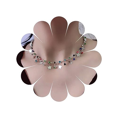 Inateannal Boho Regenbogen Kristall Choker Halskette Silber Schmetterling Anhänger Halskette Bunt Strass Halskette Kette Kristall Schmetterling Halskette Schmuck Für Frauen Und Mädchen von Inateannal