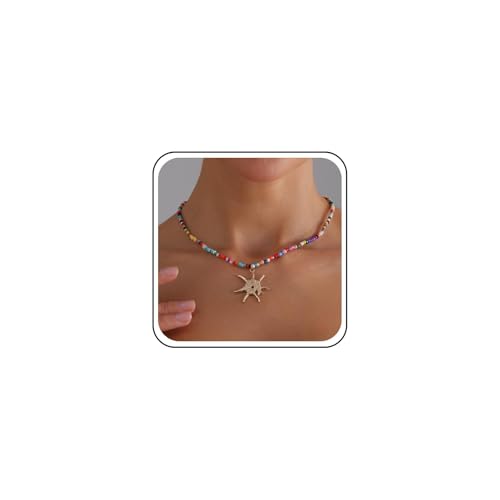 Inateannal Bunte Saatperlenhalskette Choker Kleine Perlenhalskette Gold Sonne Anhänger Halsketten Regenbogen Reisperlenhalsketten Kettenschmuck Für Frauen von Inateannal