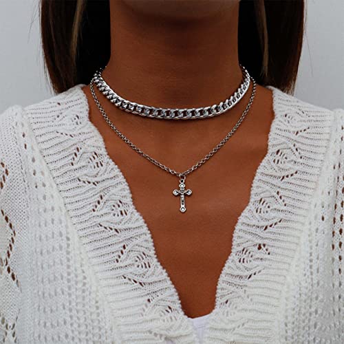 Inateannal Chunky Silber Halskette Punk Kreuz Anhänger Choker Halskette Geschichtet Cuban Link Kette Halskette Hip-Hop-Schmuck Für Frauen Und Jugendliche Mädchen von Inateannal