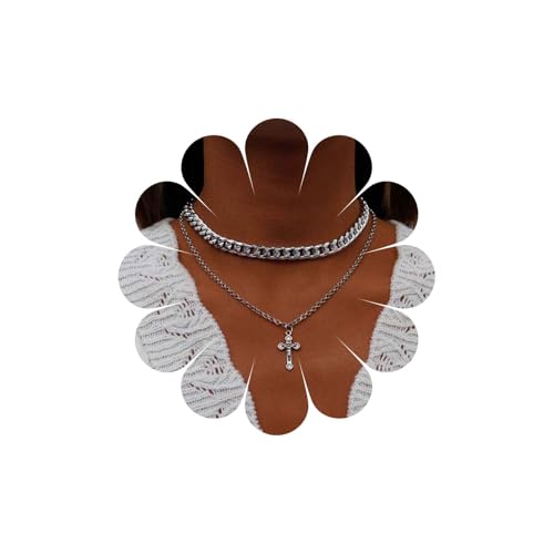 Inateannal Chunky Silber Halskette Punk Kreuz Anhänger Choker Halskette Geschichtet Cuban Link Kette Halskette Hip-Hop-Schmuck Für Frauen Und Jugendliche Mädchen von Inateannal