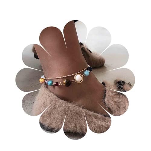 Inateannal Geschichtet Acht Planeten Knöchel Armband Vergoldet Perlen Fußkettchen Kreative Sonnensystem Perlen Charme Knöchel Ketten Fußschmuck Für Frauen Und Mädchen von Inateannal