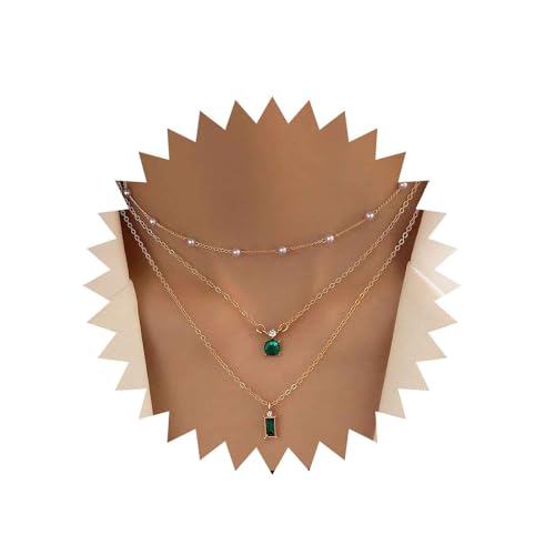 Inateannal Geschichtet Smaragd Anhänger Halskette Gold Perle Choker Halskette Grün Quadrat Kristall Ohrringe Perle Satellit Kette Halskette Grün Smaragd Halskette Kette Schmuck Für Frauen Mädchen von Inateannal