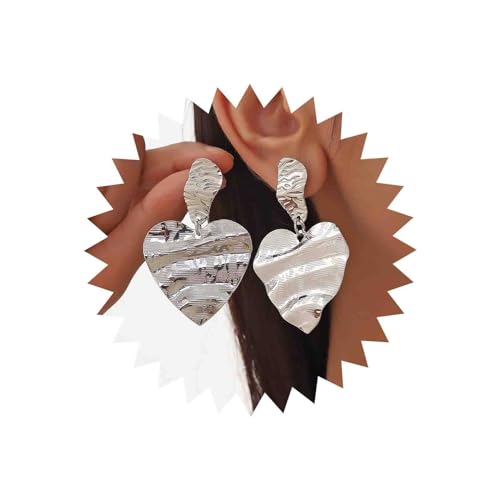 Inateannal Große Herz Tropfenohrringe strukturierte Silber Herzohrringe große Herz Ohrhänger aus Metall unregelmäßige quadratische Ohrstecker gehämmerte Herz Statement Ohrringe Schmuck für Frauen von Inateannal