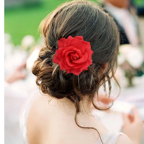 Inateannal Große Rote Blume Haarspange Kopfbedeckung Rote Rose Blume Haarspange Große Florale Haarnadeln Rose Blume Brosche Braut Barrette Kopfbedeckung Kopf-Clip Zwei-Wege-Schmuck Für Frauen von Inateannal
