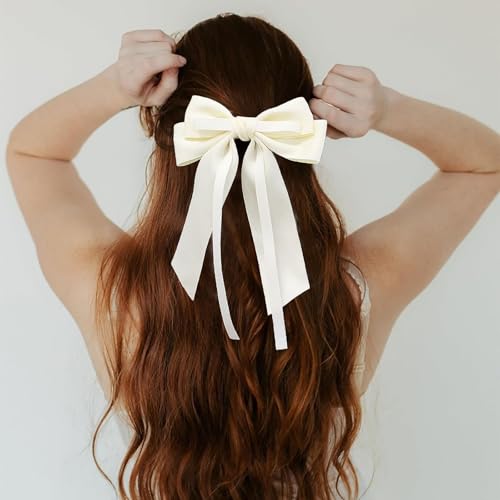 Inateannal Haarbänder Für Frauen Große Satinschleife Haarspangen Seidig Satin Haar Bogen Clips Weiß Bowknot Haarspange Langen Schwanz Bogen Haarschmuck Seidig Französisch Haarband Barrettes von Inateannal
