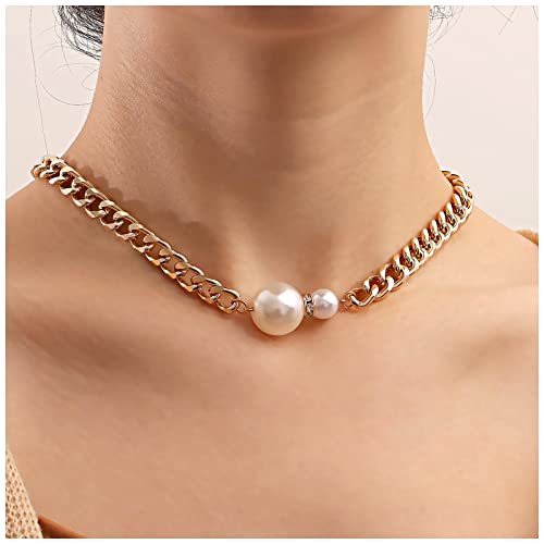 Inateannal Kubanische Perlenkette Halskette Große Perle Choker Halskette Gold Klobig Kandare Link Kette Halskette Strass Perlenkette Schmuck Für Frauen Und Mädchen Geschenke von Inateannal