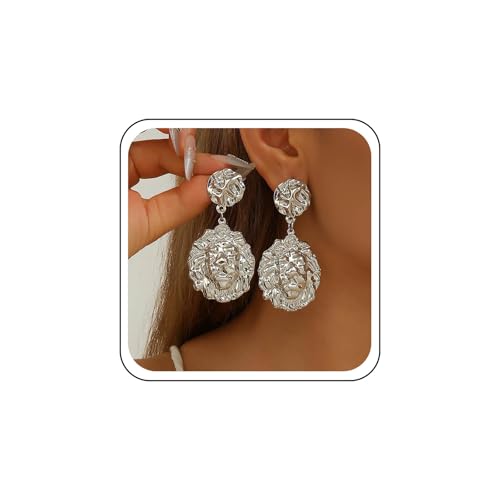 Inateannal Löwenkopf Ohrringe Silber Große Münze Scheibe Ohrringe Texturierte Münze Porträt Lendenkopf Ohrring Gehämmert Runde Scheibe Ohrring Persönlichkeit Schmuck Für Frauen von Inateannal