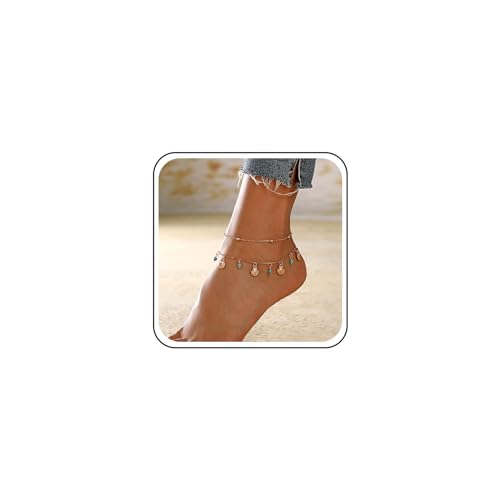 Inateannal Mehrlagiges Muschel Fußkettchen türkisfarbenes Perlen Fußkettchen goldenes Muschel Fußkettchen Strand Türkis Fußkettchen Muschel Quasten Fußkettchen Sommer Fußkette Fußschmuck für Frauen von Inateannal