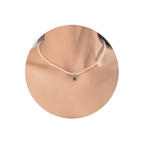 Inateannal Perle Halskette Für Frauen Zierlich Grün Kristall Halskette Kette Vintage Smaragd Teardrop Anhänger Halskette Faux Perle Kette Hochzeit Brautschmuck Geschenke von Inateannal