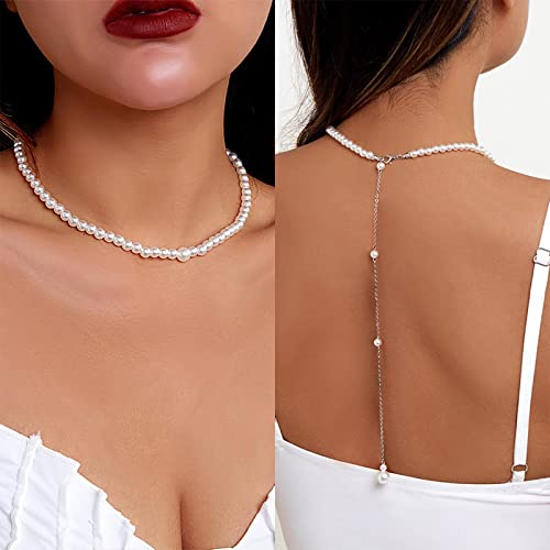 Inateannal Perle Zurück Kette Halskette Für Hochzeit Braut Silber Hintergrund Perle Perlen Aussage Halskette Lange Quaste Zurück Halskette Rückenfreies Kleid Körper Zubehör Für Frauen von Inateannal