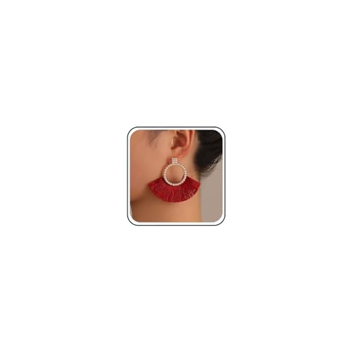 Inateannal Perle Kreis Reifen Ohrringe Fan Form Quaste Tropfen Ohrringe Große Hohle Kreis Baumeln Ohrringe Vintage Erklärung Quaste Ohrringe Schmuck Für Frauen Mädchen (rot) von Inateannal