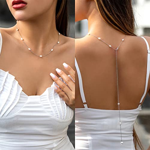 Inateannal Perle Rücken Halskette für Hochzeit Braut Silber Hintergrund Y-Halskette Lange Rücken Kette Sexy Quaste Rücken Halskette Körperschmuck für rückenfreies Kleid Frauen von Inateannal