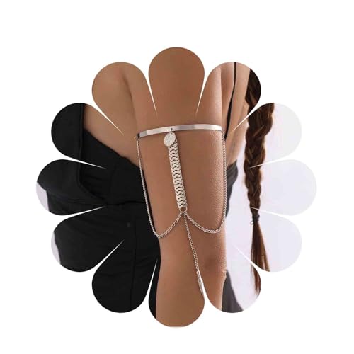 Inateannal Punk-Armspange Oberarm-Armband Silberblatt-Uhrenkette Quasten-Armreifen Offener Armreif-Armband-Schmuck für Frauen Mädchen von Inateannal