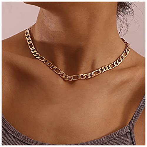 Inateannal Punk Figaro Kette Choker Halskette Gold Figaro Kette Halskette Klobige Kette Link Halskette Retro Chunky Choker Halskette Flach Figaro Halskette Kettenschmuck Für Frauen Und Mädchen von Inateannal