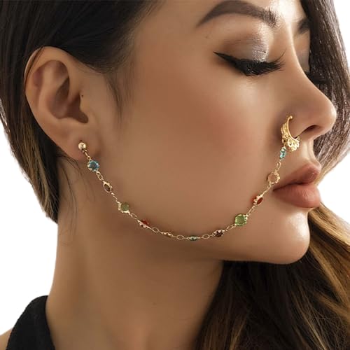 Inateannal Punk Gefälschte Nasenring Kette bunten Kristall baumeln Nase Hoop Ring mit Kette Non Piercing Manschette Nase zu Ohr Kette Frauen Faux Body Nasenring indischen Schmuck für Frauen Mädchen von Inateannal