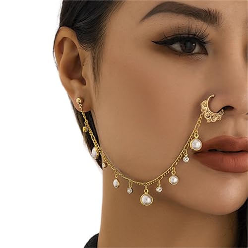 Inateannal Punk Nasenring Kette Perle Strass Quaste Baumeln Nasenring Hoop Ethnische Nase zu Ohr Kette mit Nieten Faux Non Piercing Nasenring Indischer Schmuck für Frauen Mädchen von Inateannal