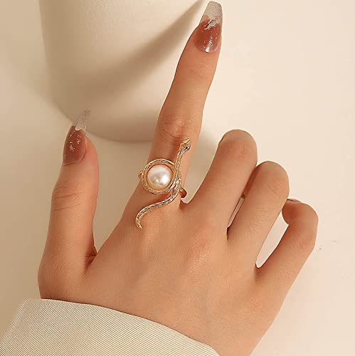 Inateannal Punk Schlange Wrap Ring - Gold, Halb Offen, Perle Ring - Einstellbar, Tier Ringe - Vintage Finger Ringe - Schmuck für Frauen und Mädchen - Geschenke von Inateannal