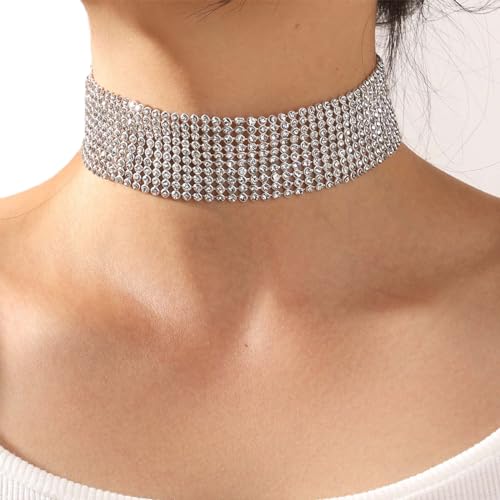 Inateannal Punk Strass Choker Halskette für Frauen Breite Volldiamant Halskette Kette 10-reihig Sparkly Crystal Choker Kragen Sexy Nightclub Party Prom Zubehör von Inateannal