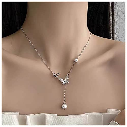 Inateannal Schmetterling Y Lariat Halskette Kristall Perle Anhänger Halskette Kette Silber Cz Schmetterling Choker Halskette Kristall Schmetterling Tropfen Halskette Schmuck Für Frauen Und Mädchen von Inateannal