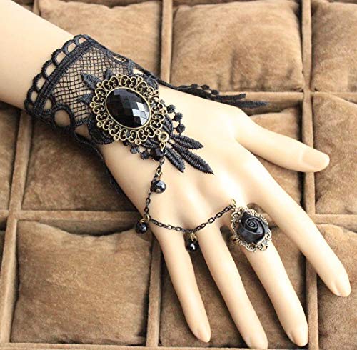 Inateannal Schwarzes Kristall Fingerarmband Schwarzes Spitzenblumenarmband Strass Fingerring Armband Sklavenhand Armband Schmuck Für Frauen Und Mädchen Geschenk von Inateannal