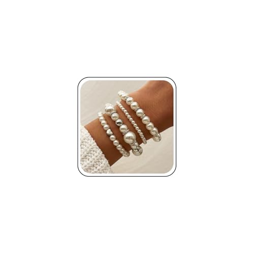 Inateannal Stapelbares Perlenarmband Perlen Stretch Elastisches Armband Set Weiß Perlen Stapelbar Armbänder Perle Herz Kugel Handkette Mehrlagig Armreif Braut Hochzeit Schmuck von Inateannal