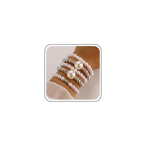 Inateannal Stapelbares Perlenarmband Silber Stretchperlen Kugelarmband Weiß Simulierte Perlenarmbänder Set Große Perlen Elastische Armbänder Mehrlagig Stapelbarer Perlenarmreif Hochzeitsschmuck von Inateannal