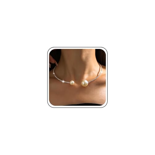 Inateannal Strass Perlenkette Choker Offen Große Perlen Choker Halskette Silber Offenes Halsband Halsketten Strass Tennis Hochzeit Halsketten Braut Kristall Kette Schmuck von Inateannal