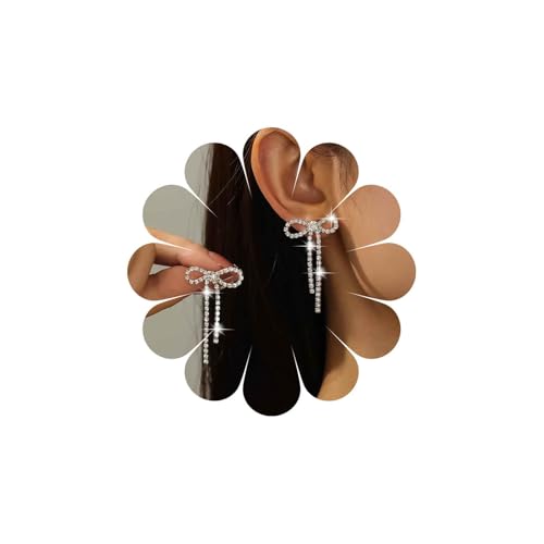 Inateannal Strassbogen Ohrringe Silber Kristall Bogen Tropfen Ohrringe Lange Strass Quaste Ohrringes Lange Tennis Kette Tropfen Ohrringes Cubic Zirkonia Ohrstecker Schmuck Für Frauen Und Mädchen von Inateannal