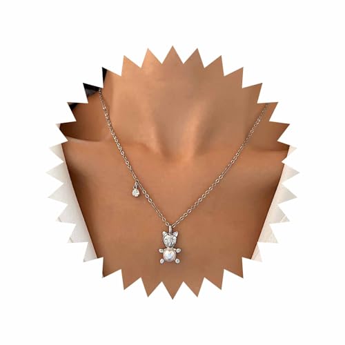 Inateannal Vintage Bär Anhänger Halskette Silber Perle Bär Kette Halskette Niedlich Cartoon Bär Halskette Kubischer Zirkonia Choker Halskette Kettenschmuck Für Frauen Und Mädchen von Inateannal