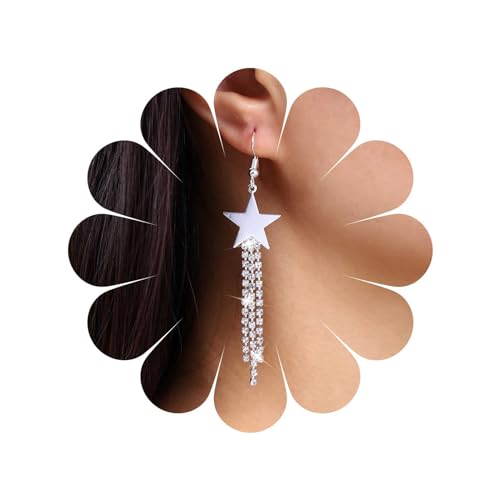 Inateannal Vintage Strass Stern Quaste Ohrringe Silber Kristall Stern Tropfen Ohrringe Lange Cz Stern Haken Ohrringe Funkeln Braut Kronleuchter Ohrringe Schmuck Für Frauen Und Mädchen von Inateannal