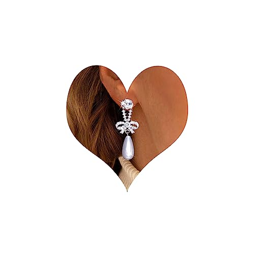 Inateannal Vintage Tropfen Perle Ohrringe - Lange CZ Silber Kristall Bogen Ohrstecker Mit Strass - Brautschmuck Für Frauen Und Mädchen von Inateannal