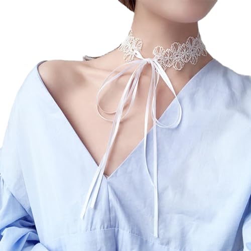 Inateannal Weiße Spitze Blume Choker für Frauen Mädchen Gothic Bowknot Choker mit langen Band 90er Jahre Spitze Tattoo Choker Kragen Halskette Hochzeit Halskette Schmuck für Bridal von Inateannal