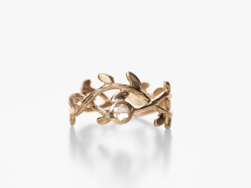 14K Massiv Gold Natur Inspiriert Diamant Ring, Goldblatt Zweig Kranz Krone Ehering von InbarAlezraki